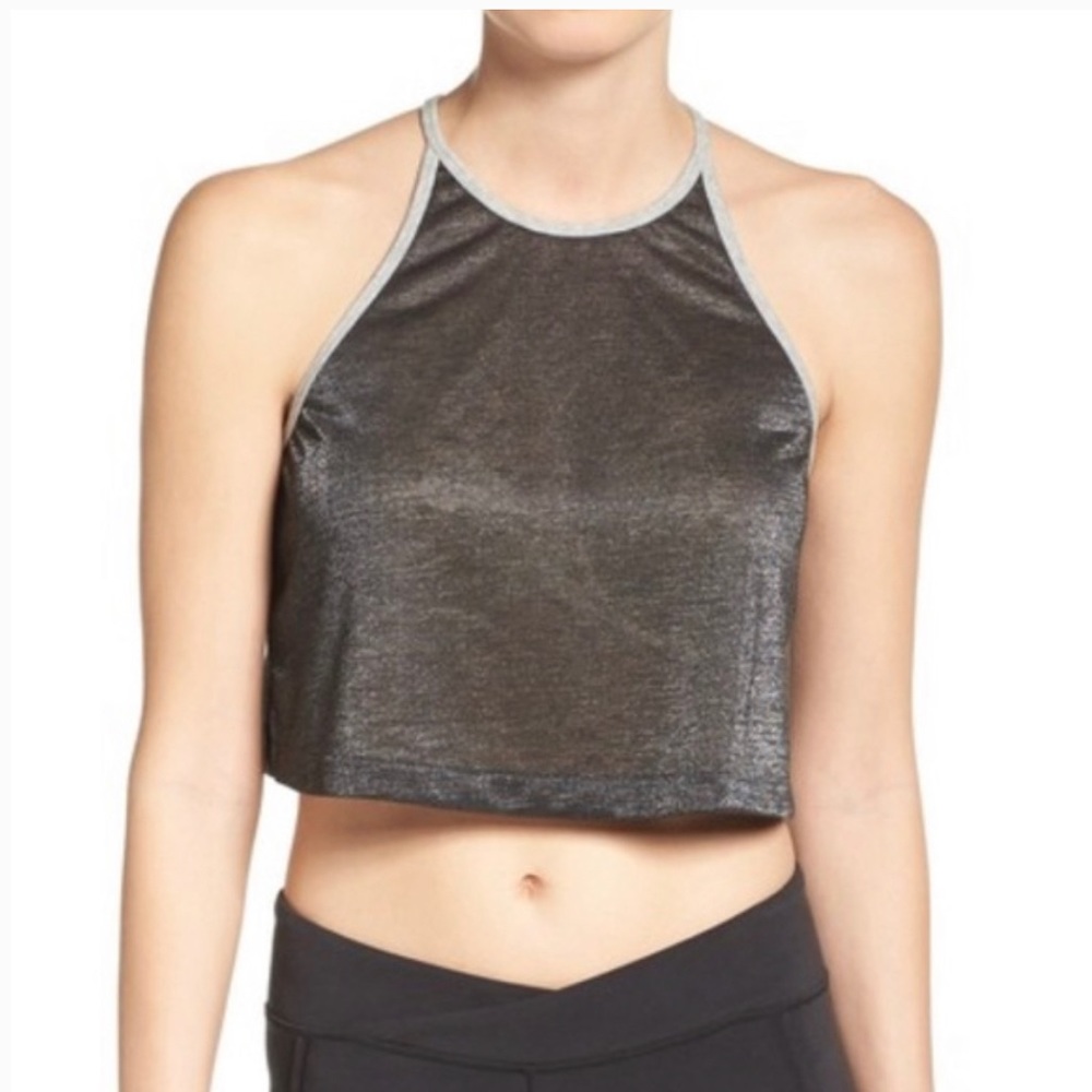 Free People Movement Black Shimmer Sparkle Activewear Crop Yoga Tank Top Medium